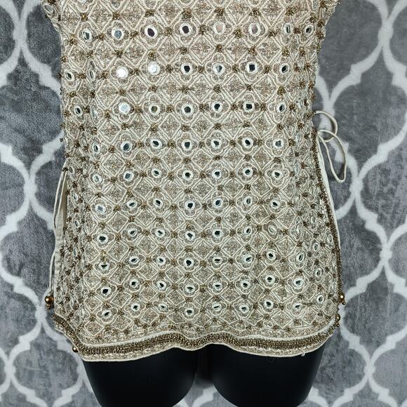 Beaded Mirror Halter Top Women Extra Small Gold Sleeveless Festival Boho Party - Picture 11 of 11